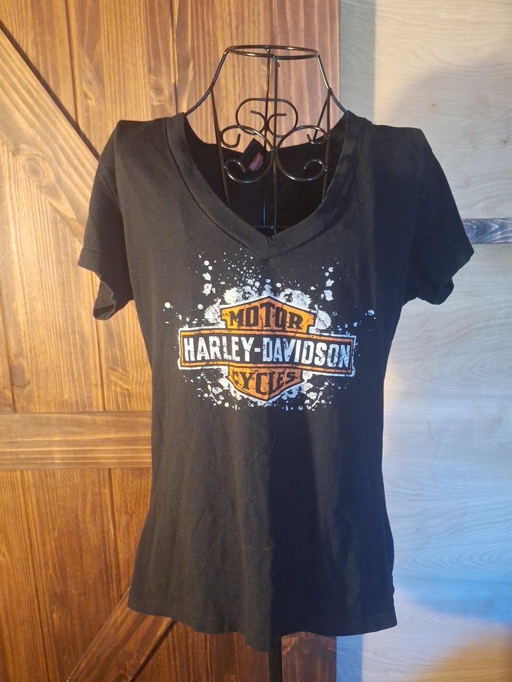Harley-Davidson Black V-Neck Logo Tee with Orange and White Shield